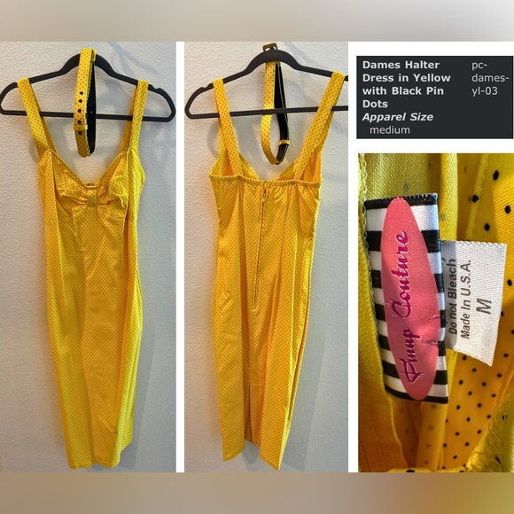 EUC Pinup Couture Dames Dress Halter Dress in Yellow with Black Pin Dot sz Med - Picture 4 of 4